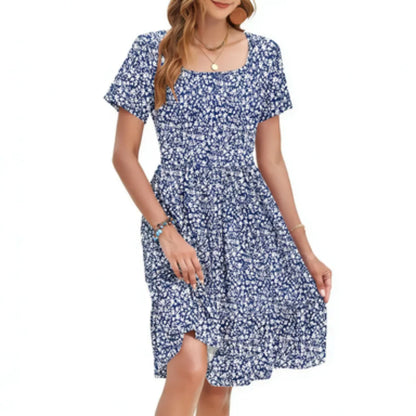 Women's Square Neck Ditsy Floral Dress, Ruffle Empire Waist A-Line Sundress With Pockets