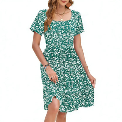 Women's Square Neck Ditsy Floral Dress, Ruffle Empire Waist A-Line Sundress With Pockets