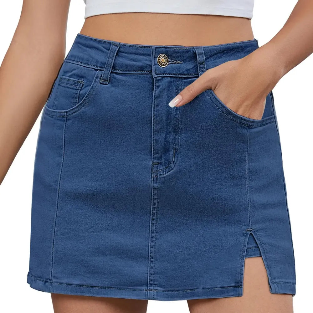 💝Women's Minimalist High-Waisted Denim Mini Skirt Shorts with Side Slit