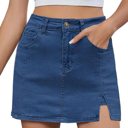 💝Women's Minimalist High-Waisted Denim Mini Skirt Shorts with Side Slit