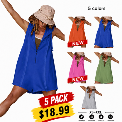 🔥 Women's Sleeveless Hooded Half-Zip Romper with Pockets – Casual Comfort Meets Sporty Style