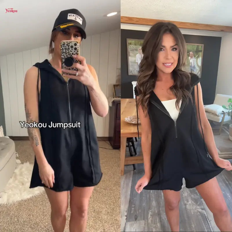🔥 Women's Sleeveless Hooded Half-Zip Romper with Pockets – Casual Comfort Meets Sporty Style