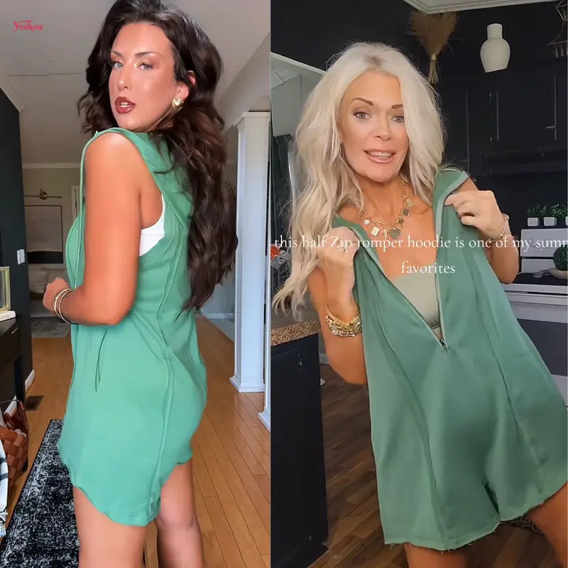 🔥 Women's Sleeveless Hooded Half-Zip Romper with Pockets – Casual Comfort Meets Sporty Style