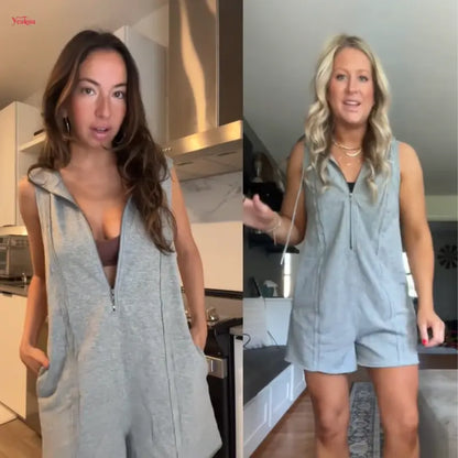 🔥 Women's Sleeveless Hooded Half-Zip Romper with Pockets – Casual Comfort Meets Sporty Style