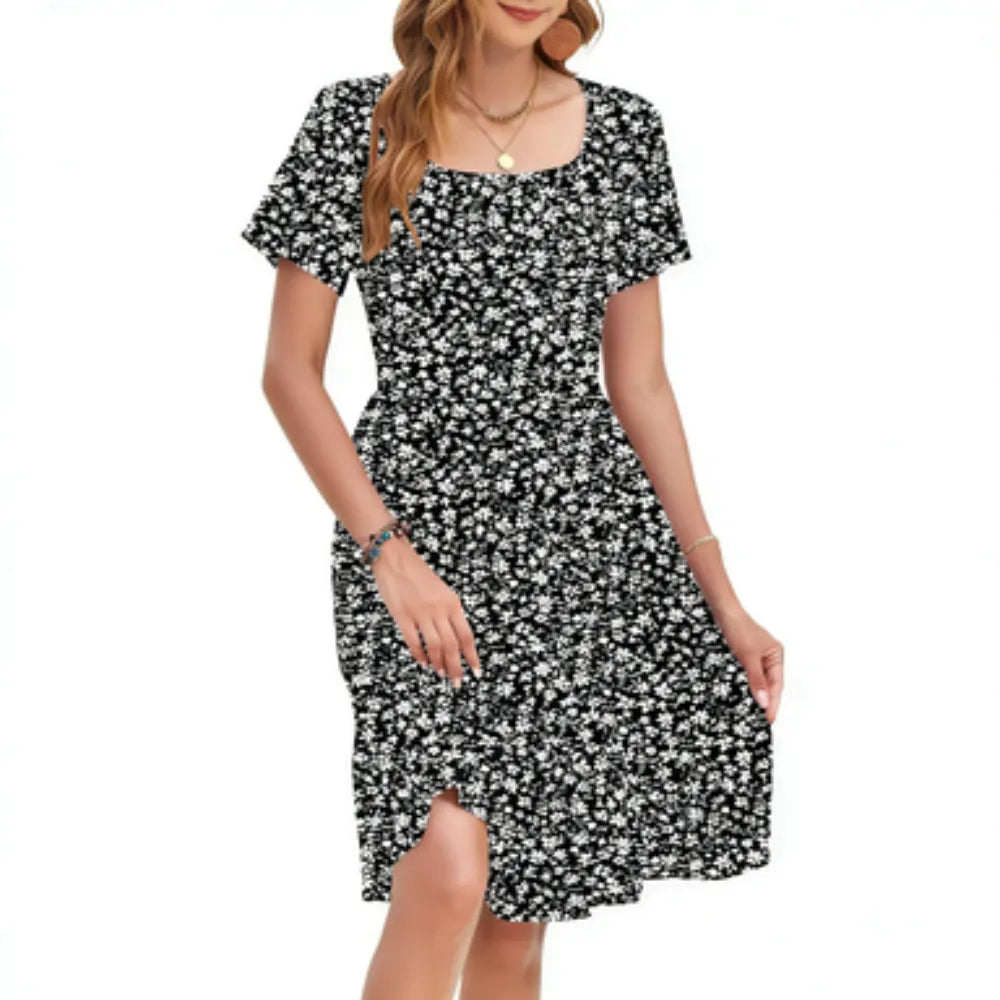 Women's Square Neck Ditsy Floral Dress, Ruffle Empire Waist A-Line Sundress With Pockets