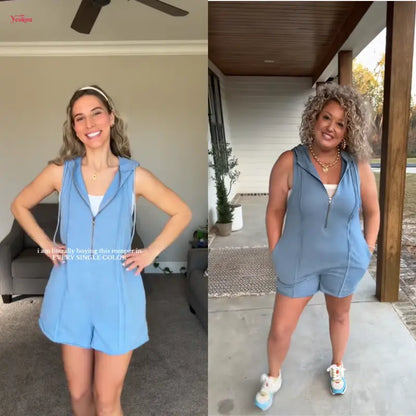 🔥 Women's Sleeveless Hooded Half-Zip Romper with Pockets – Casual Comfort Meets Sporty Style