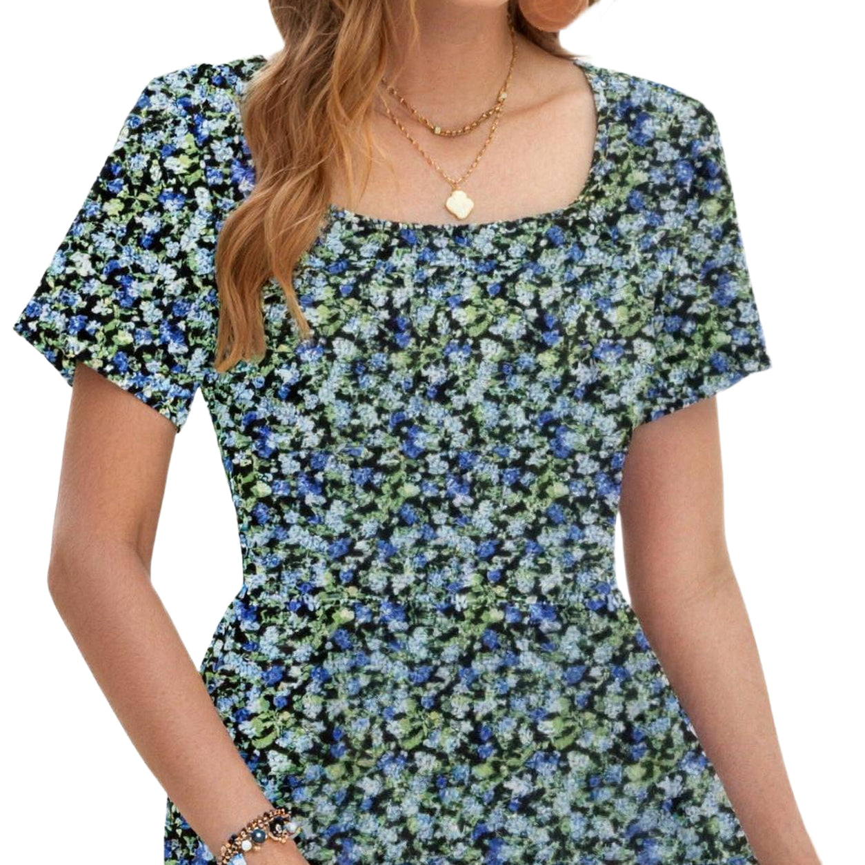 Women's Square Neck Ditsy Floral Dress, Ruffle Empire Waist A-Line Sundress With Pockets