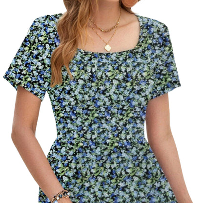 Women's Square Neck Ditsy Floral Dress, Ruffle Empire Waist A-Line Sundress With Pockets