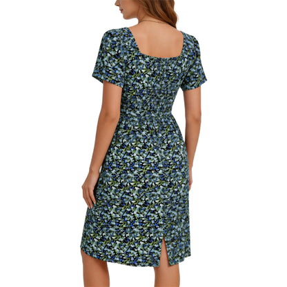 Women's Square Neck Ditsy Floral Dress, Ruffle Empire Waist A-Line Sundress With Pockets