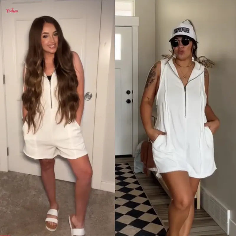 🔥 Women's Sleeveless Hooded Half-Zip Romper with Pockets – Casual Comfort Meets Sporty Style