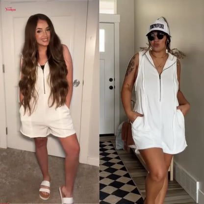 🔥 Women's Sleeveless Hooded Half-Zip Romper with Pockets – Casual Comfort Meets Sporty Style