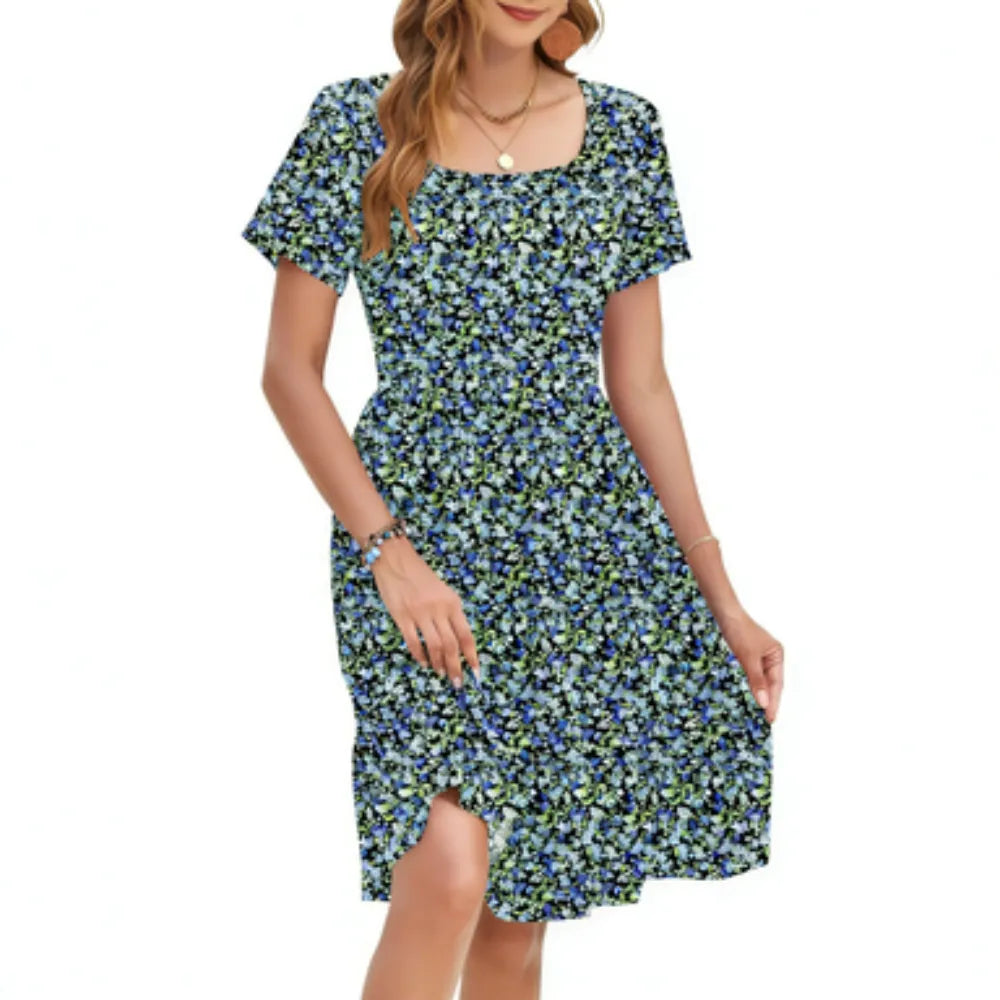 Women's Square Neck Ditsy Floral Dress, Ruffle Empire Waist A-Line Sundress With Pockets