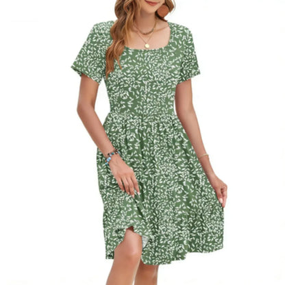 Women's Square Neck Ditsy Floral Dress, Ruffle Empire Waist A-Line Sundress With Pockets