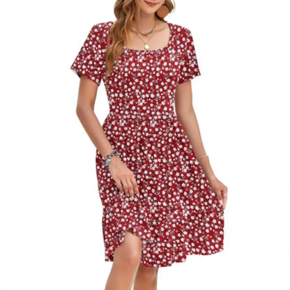 Women's Square Neck Ditsy Floral Dress, Ruffle Empire Waist A-Line Sundress With Pockets