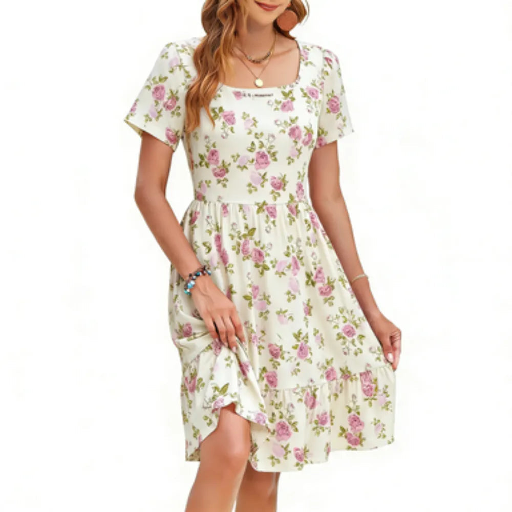 Women's Square Neck Ditsy Floral Dress, Ruffle Empire Waist A-Line Sundress With Pockets