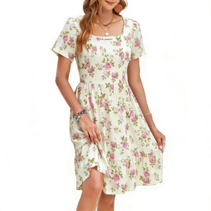 Women's Square Neck Ditsy Floral Dress, Ruffle Empire Waist A-Line Sundress With Pockets